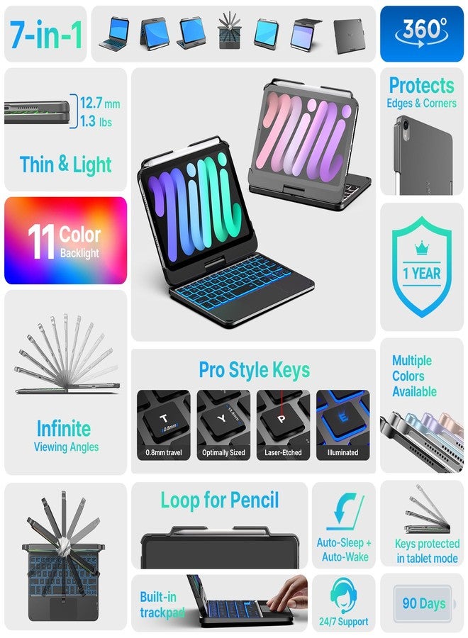 typecase غطاء لوحة مفاتيح من تايب كيس لجهاز آيباد ميني 7 (2024) وميني 6 (2021) - غطاء لاسلكي مع لوحة مفاتيح لجهاز آيباد ميني الجيل السابع والسادس 8.3 بوصة - غطاء لوحة مفاتيح بإضاءة خلفية 10 ألوان مع لوحة لمس - رمادي داكن - Image 3